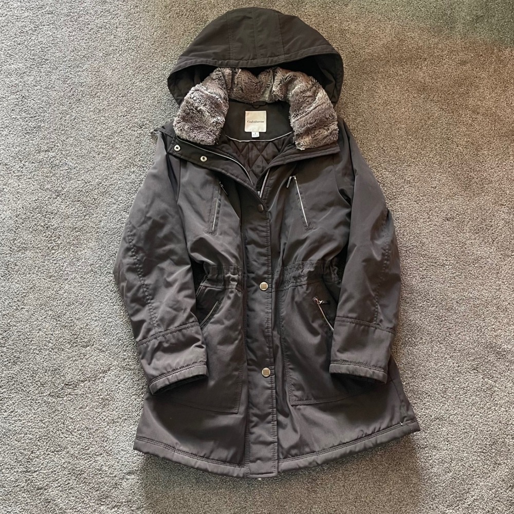 Womens Croft & Barrow Anorak Jacket S Brown Excellent Faux Fur Trim Hooded Coat